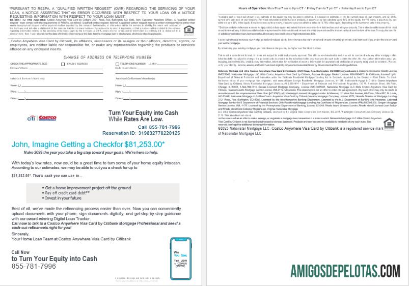 Cartão USA Costco Anywhere Visa do Citi Bank Extrato de empréstimo hipotecário em formatos Word e PDF, 4 páginas 3 4 baixar para verificação